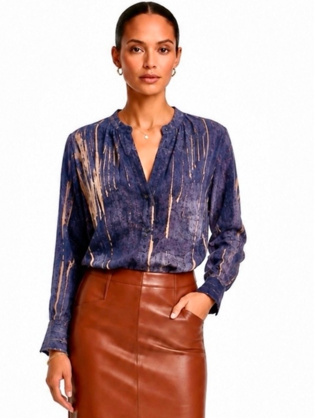 NWOT Go Silk Go Peasant Lightweight Breezy Blouse Deep Blue/Gold Print |  Small